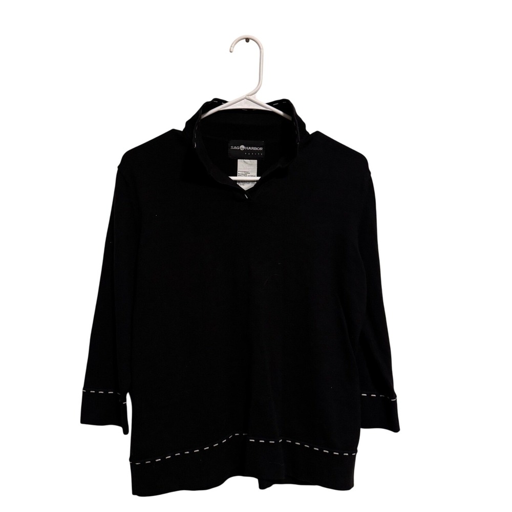 Women's Petite Black 3/4 Sleeve Knit Top with Stitch Detail 100% Cotton